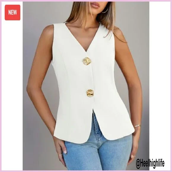 Women's V-Neck Sleeveless Waistcoat Blazer Vest Business Casual Fitted